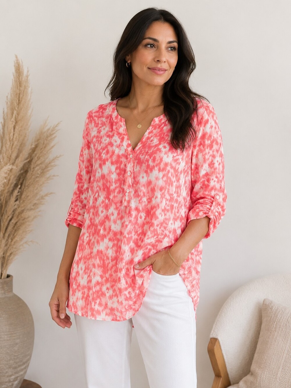 Jessica Pink and White Tie Dye Patterned Blouse Womens 1X
